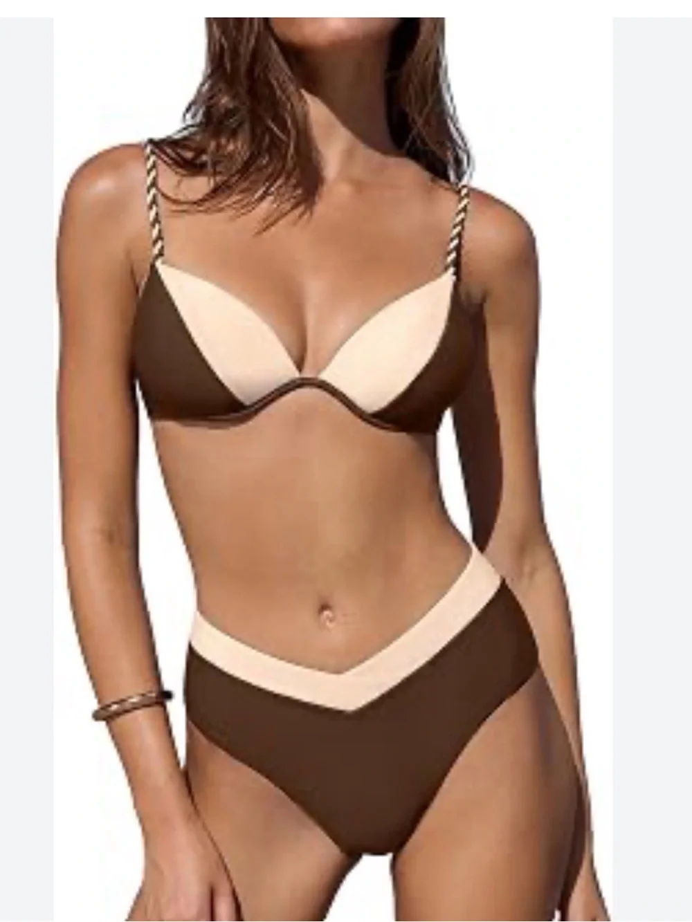 Cupshe Cream and Brown V-Front Two-Tone size XS Bikini